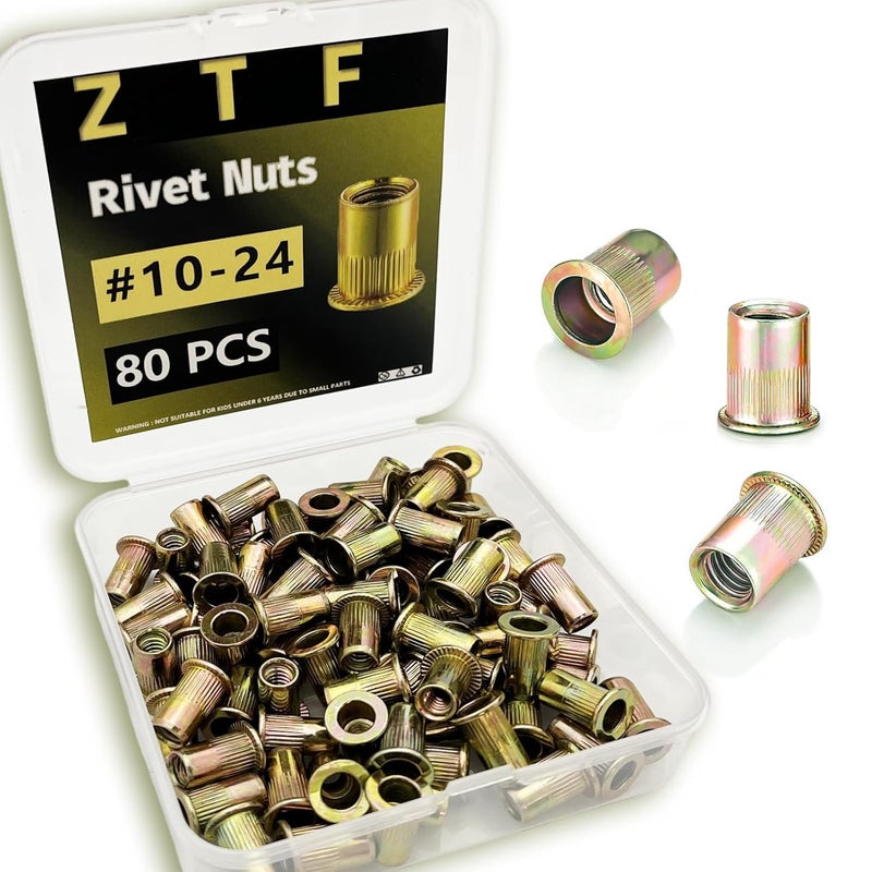 ZTF SAE 8-32 10-24 1/4-20 5/16-18 3/8 Inch-16UNC Rivet Nut Assortment Kit, Yellow Zinc Flat Head Rivnut Set, Threaded Insert Nutsert Rivnuts for Metal, Plastic, Fiberglass (#10-24UNC) - Image 1